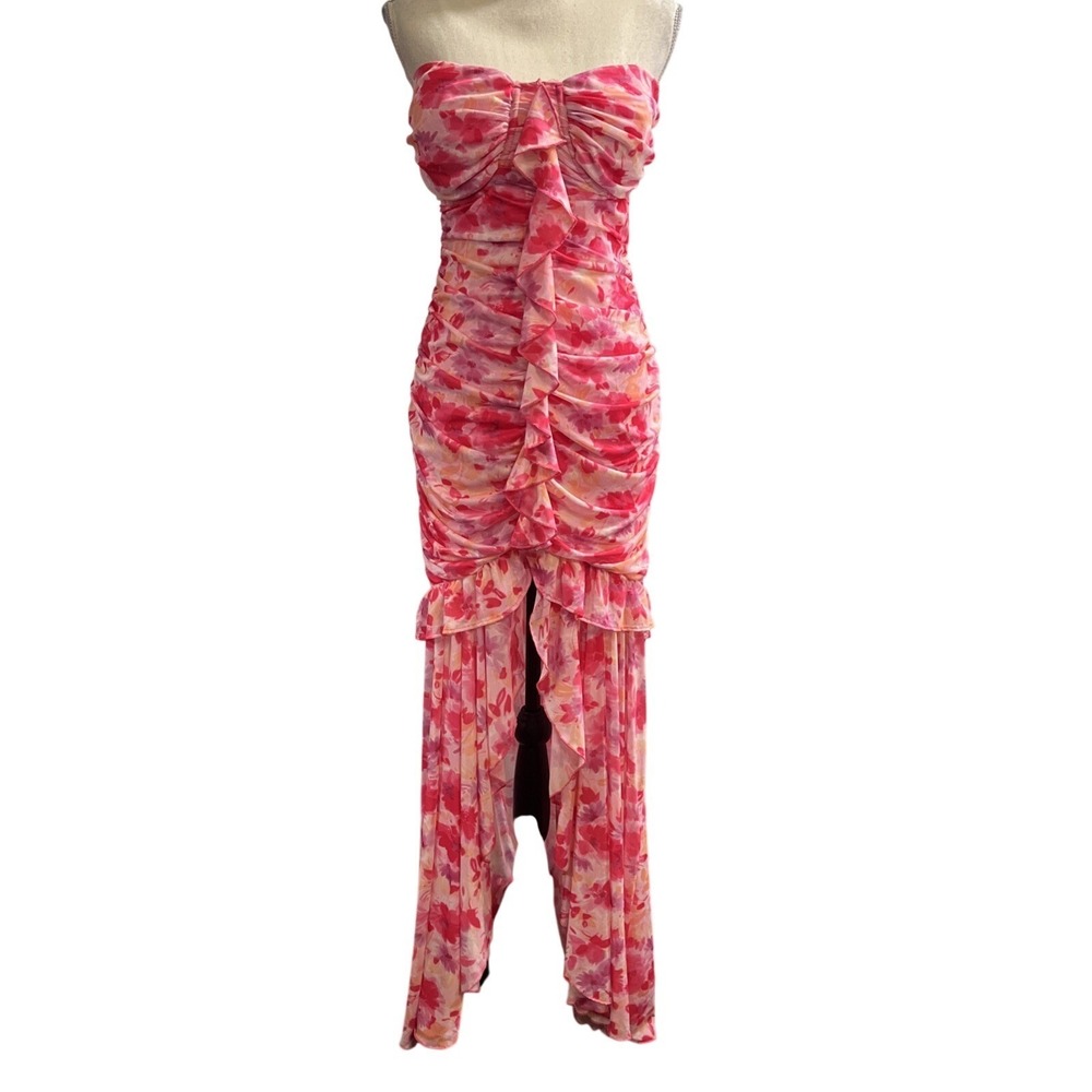 Fashion Nova Pink Floral Ruched Strapless Maxi Dress